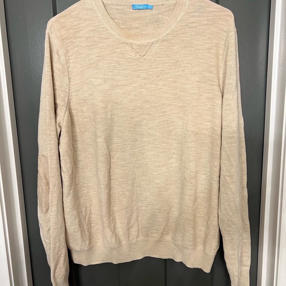 J. McLaughlin Women’s Tan Linen blend Crewneck Sweater Size large. Elbow patches